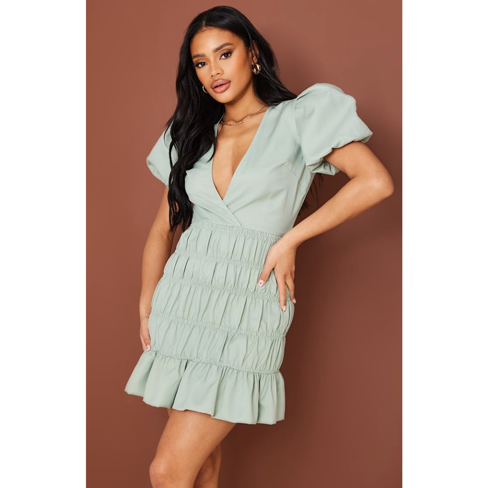 PrettyLittleThing Sage Puff Short Sleeve Linen Tiered Mini / XS NWT